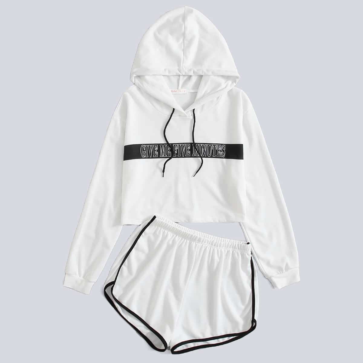 

Slogan Crop Hoodie & Dolphin Shorts Set, White