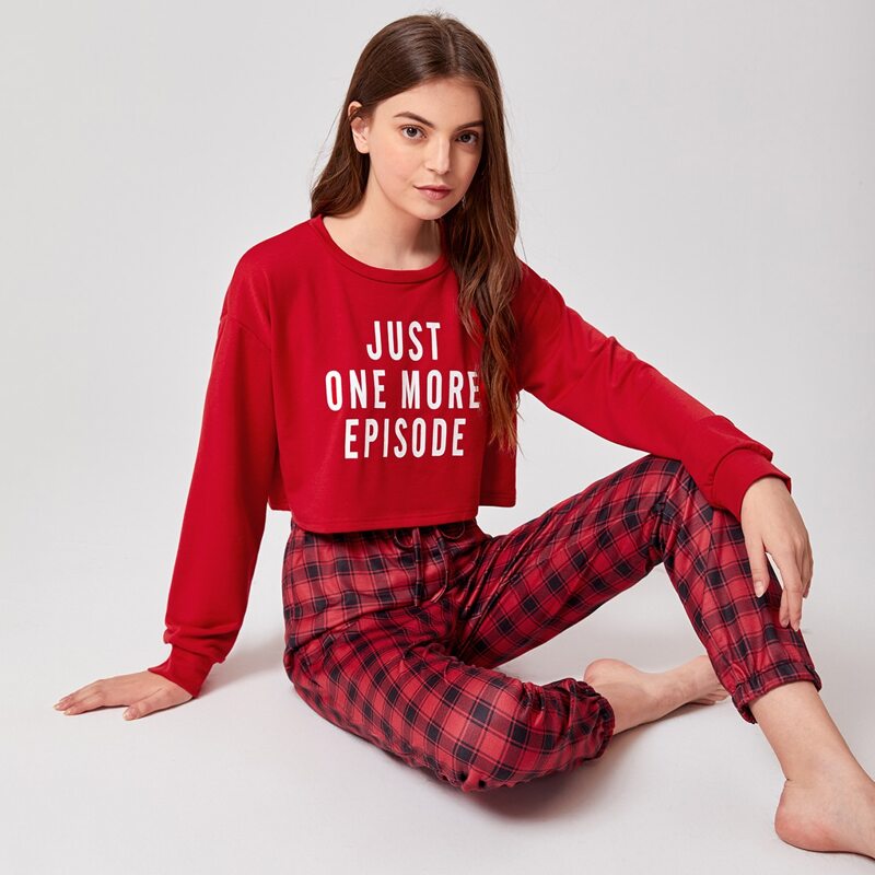 

Letter Graphic Tee & Plaid Pants PJ Set, Red