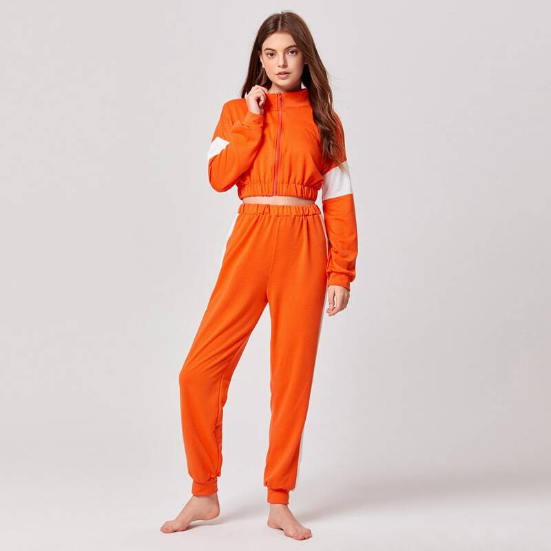 

Zip Up Elastic Hem Jacket & Pants Lounge Set, Orange