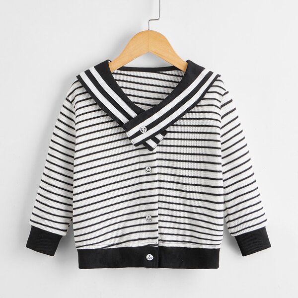 

Toddler Girls Striped Sailor Collar Button Front Coat, Black and white