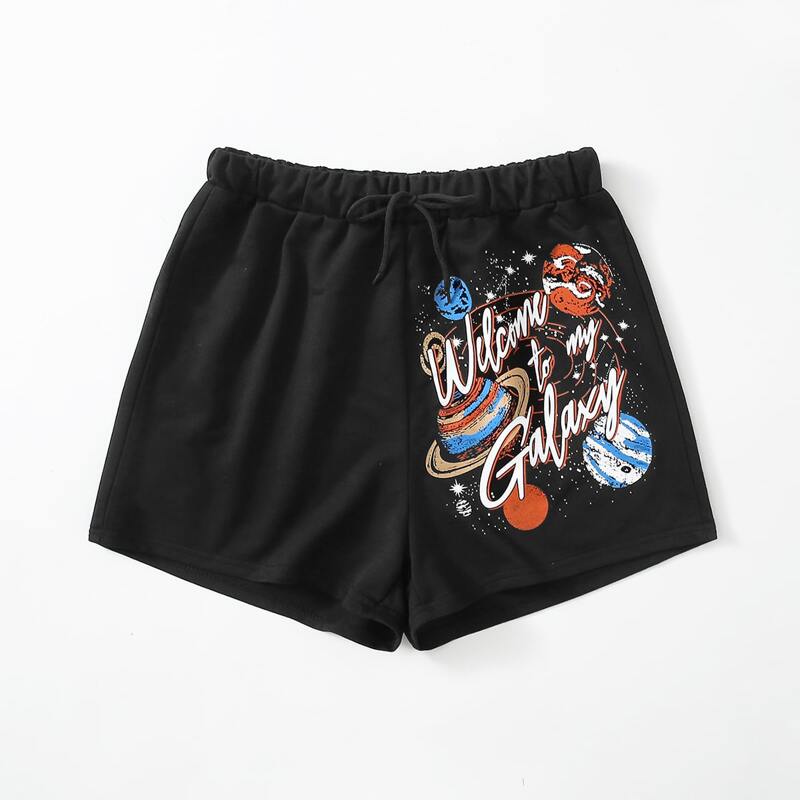 

Galaxy Pattern Drawstring Shorts, Black