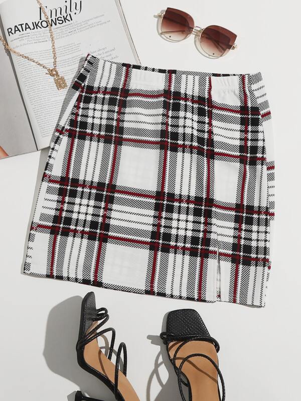 SHEIN Essnce Plus Slit Hem Plaid Skirt