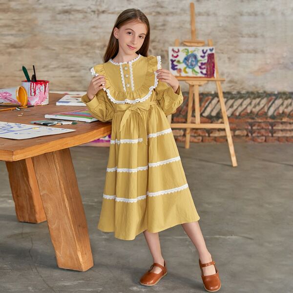 

Girls Contrast Lace Trim Ruffle Detail Belted Dress, Mustard yellow