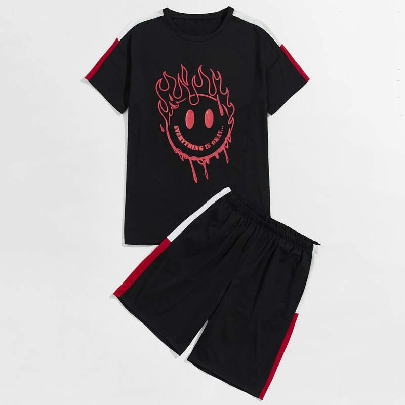

Guys Slogan Graphic Tee With Elastic Waist Shorts, Black