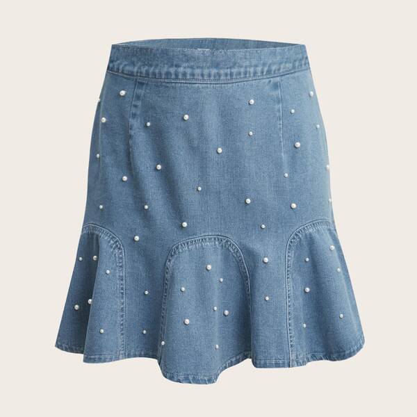 

Plus Pearl Beaded Denim Skirt, Light wash