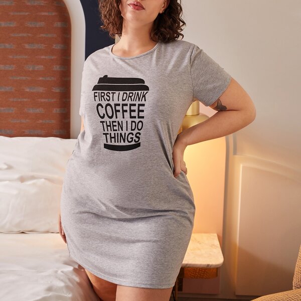 

Plus Slogan Graphic Night Dress, Grey
