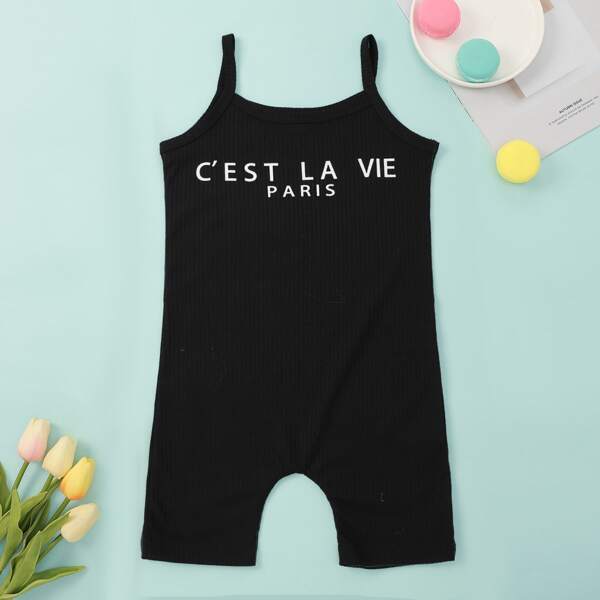 

Toddler Girls Letter Graphic Cami Romper, Black