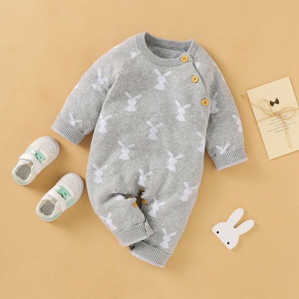 

Baby Unisex Cartoon Pattern Knit Jumpsuit, Grey