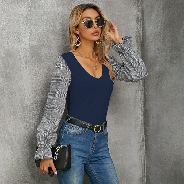 

Glen Plaid Bell Sleeve Top, Navy blue