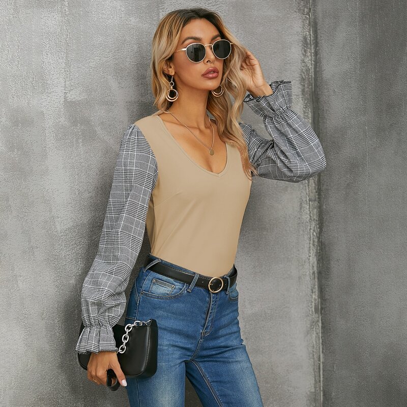 

Glen Plaid Bell Sleeve Top, Khaki