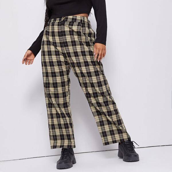 

Plus Tartan Plaid Wide Leg Pants, Multicolor