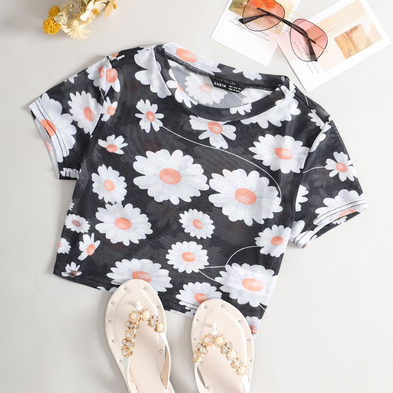 

Sheer Daisy Floral Mesh Top, Multicolor