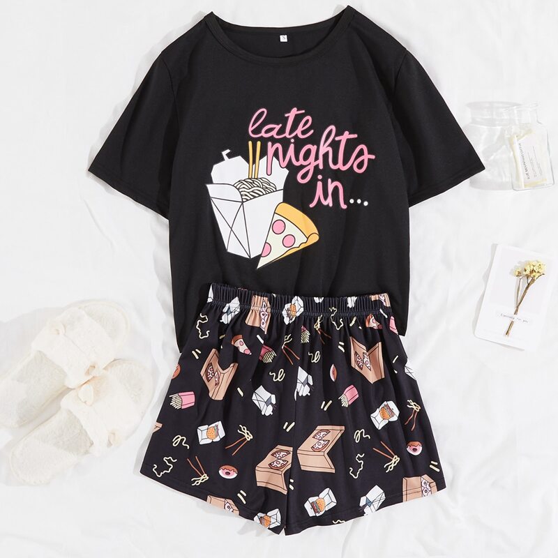 

Cartoon And Letter Graphic Pajama Set, Multicolor
