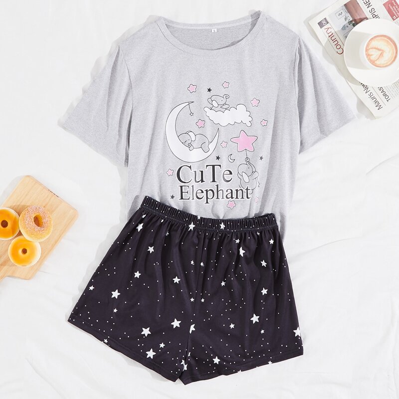 

Letter & Cartoon Graphic Pajama Set, Multicolor