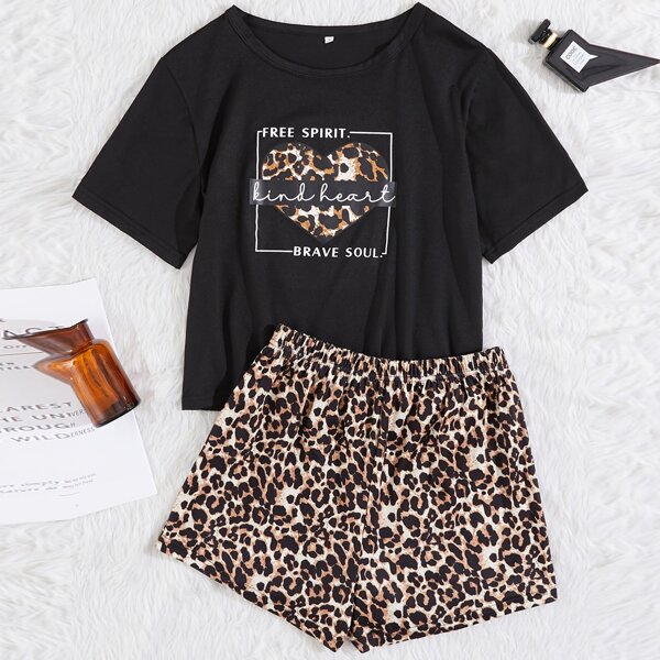 

Letter & Leopard Print Pajama Set, Multicolor