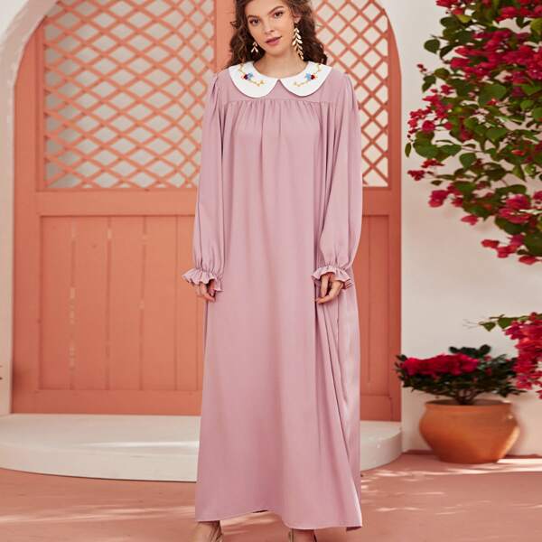

Embroidery Peter Pan Collar Flounce Sleeve Dress, Dusty pink