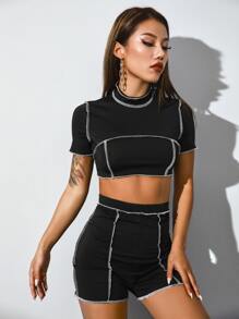 Outfit de dos piezas Ribete en contraste Casual - Negro - Ver 5