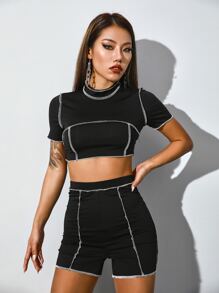 Outfit de dos piezas Ribete en contraste Casual - Negro - Ver 6