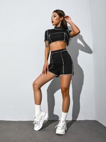 Outfit de dos piezas Ribete en contraste Casual - Negro - Ver 3