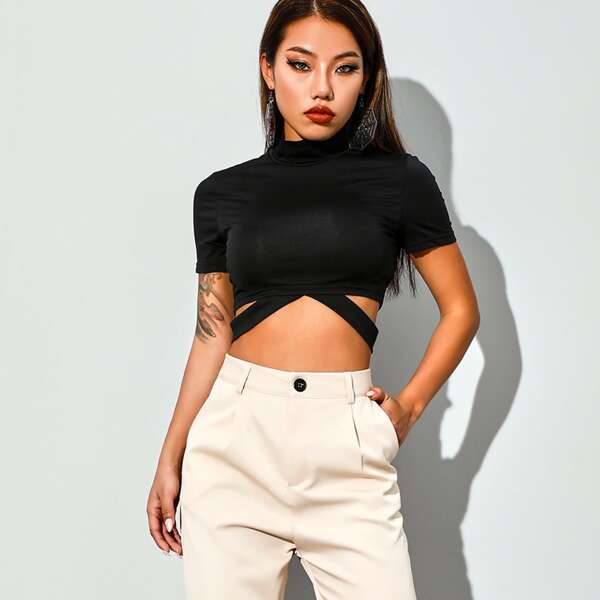 

Mock Neck Cut-out Slim Crop Tee, Black