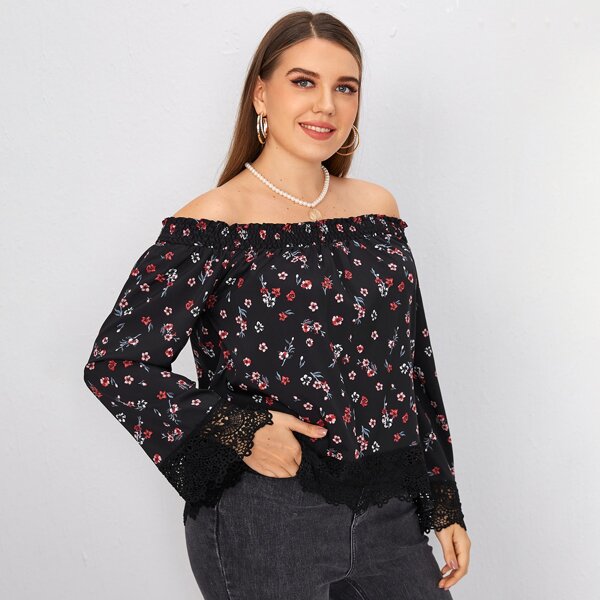 

Plus Lace Panel Floral Print Bardot Blouse, Multicolor