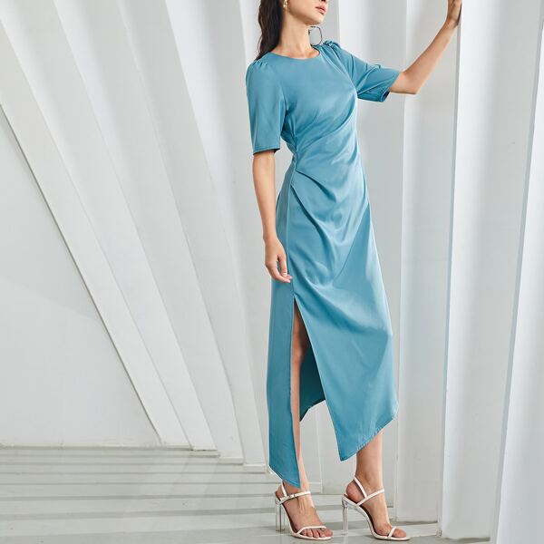 

Puff Sleeve Split Asymmetrical Hem Dress, Blue