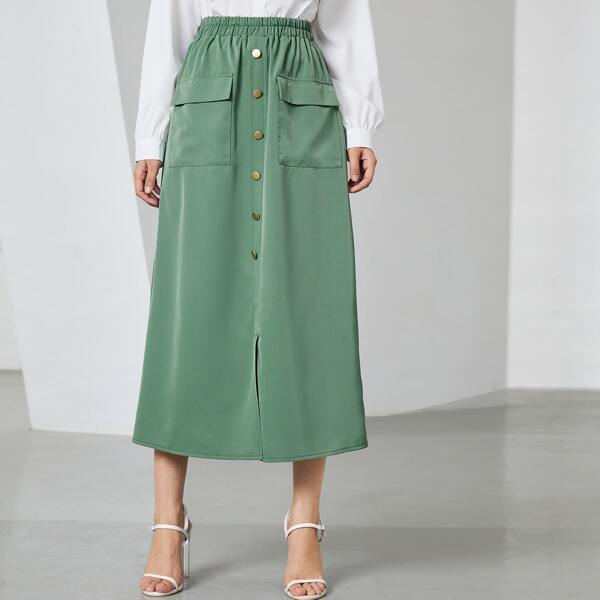 

Flap Pockets Button Front Skirt, Green