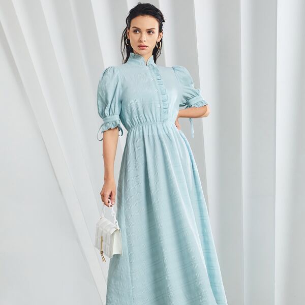 

Tie-cuff Textured Shirt Dress, Baby blue