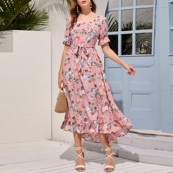 

Платье с квадратным воротником и цветочным принтом, Нежний розовый