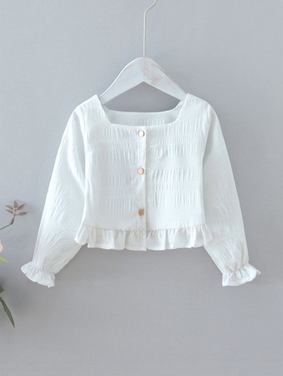 بلوزة بازرار وبحافة مكشكشة بلون موحد للبنات الصغار