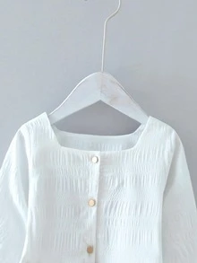 Toddler Girls Solid Ruffle Hem Button Through Blouse - White - View 3