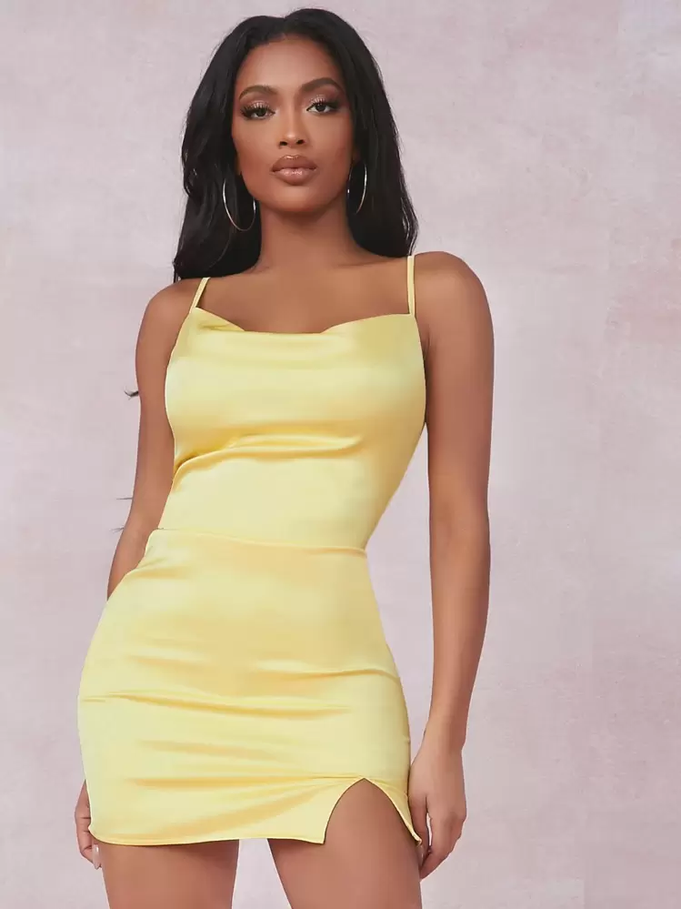 shein sxy split detail satin cami bodycon dress SHEIN SXY Split Detail Satin Cami Bodycon Dress
