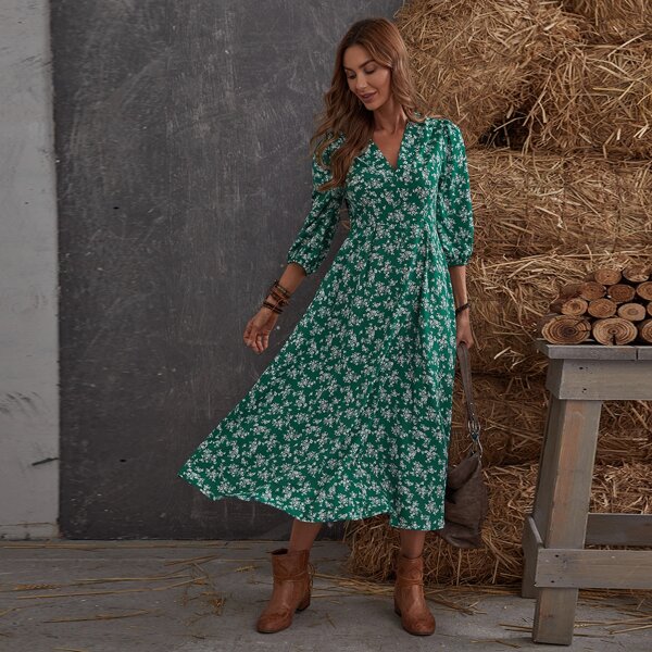 

Ditsy Floral Print V-neck Dress, Dark green