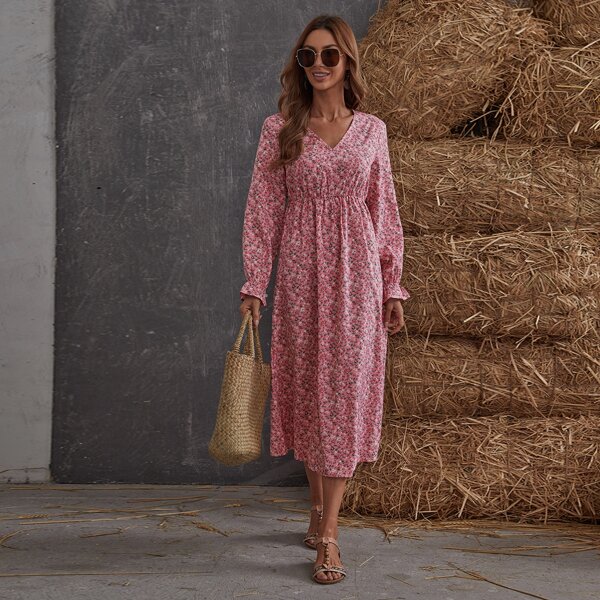 

Ditsy Floral Print V-neck Flounce Sleeve Dress, Pink