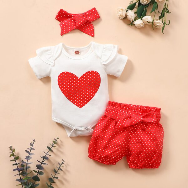 

Baby Girl Polka Dot And Heart Print Bodysuit & Shorts & Headband, Red and white