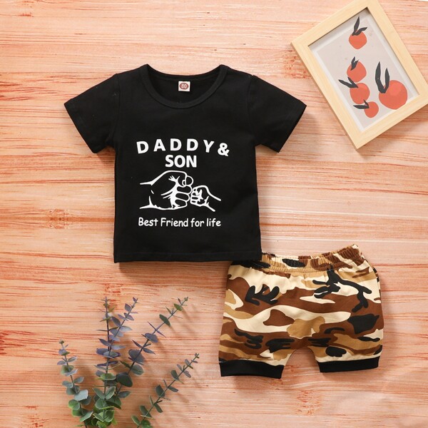 

Baby Boy Letter And Figure Print Tee & Camo Shorts, Multicolor