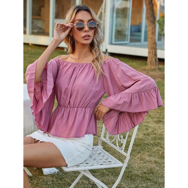 

Flounce Sleeve Off The Shoulder Peplum Blouse, Pink