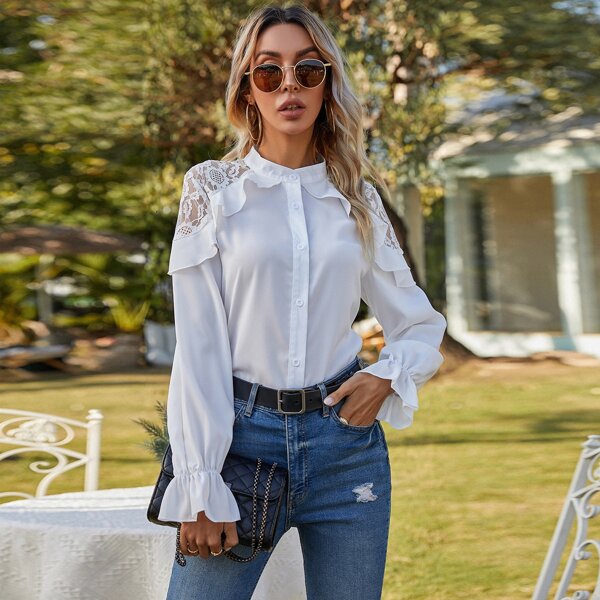 

Button Front Contrast Lace Flounce Sleeve Blouse, White
