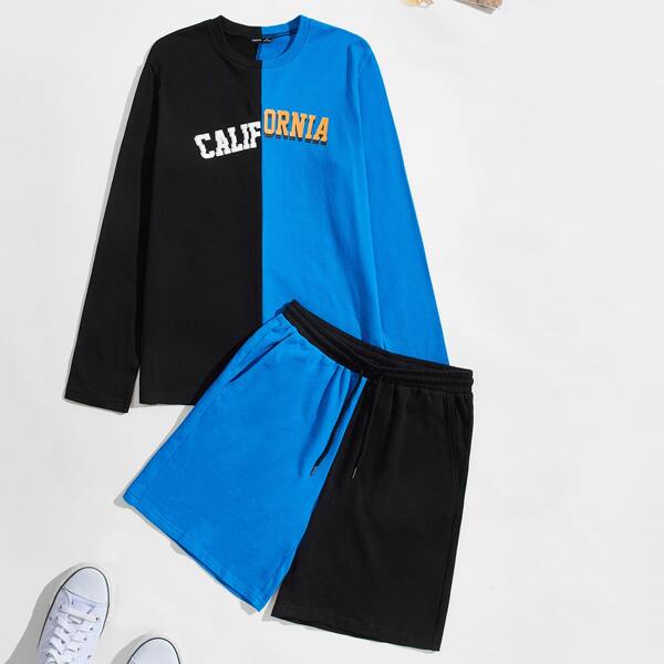 

Men Letter Graphic Tee & Drawstring Track Shorts Set, Multicolor