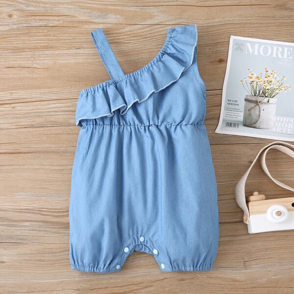 

Baby Girl Asymmetric Neck Ruffle Trim Denim Romper, Light wash