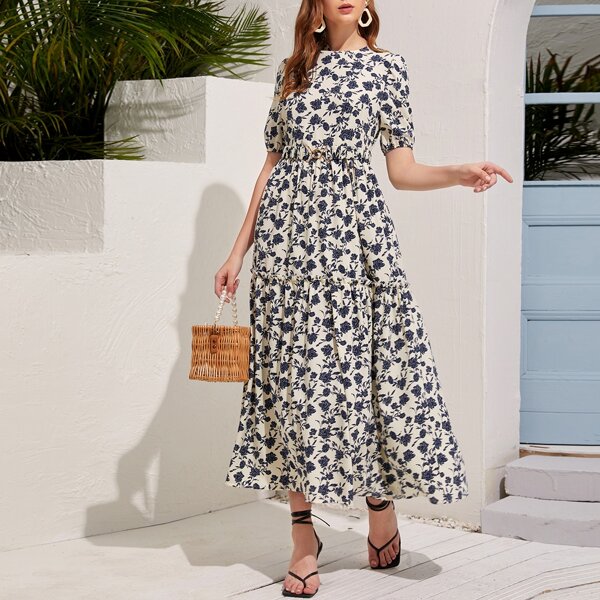 

Allover Floral Print Belted Dress, Multicolor