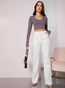 SHEIN BAE Scoop Neck Solid Crop Tee - Mauve Purple - View 3