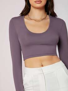 SHEIN BAE Scoop Neck Solid Crop Tee - Mauve Purple - View 4