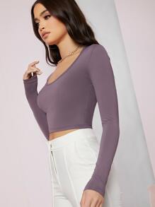SHEIN BAE Scoop Neck Solid Crop Tee - Mauve Purple - View 5