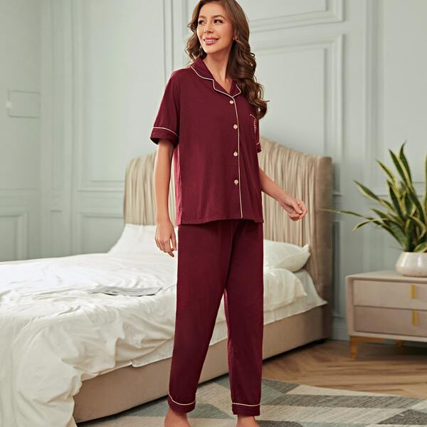 

Letter Embroidery Contrast Binding Pajama Set, Burgundy