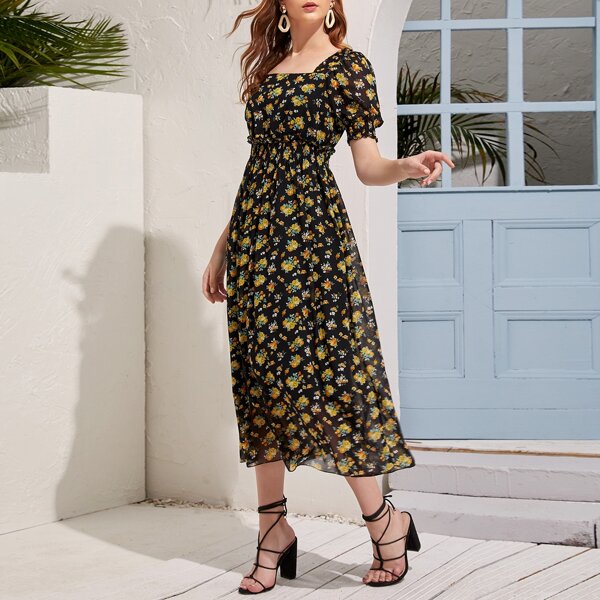 

Floral Print Puff Sleeve Shirred Chiffon Dress, Multicolor