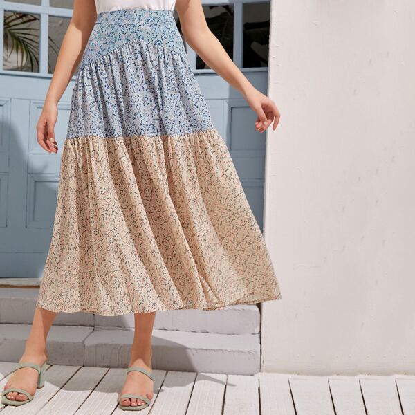 

Color-block Ditsy Floral Flared Skirt, Multicolor