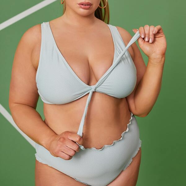 

Plus Textured Knot Front Lettuce Trim Bikini Swimsuit, Mint green