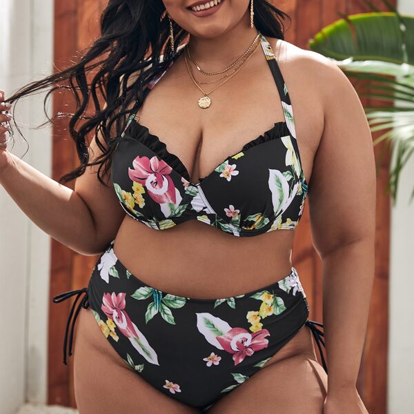 

Plus Floral Frill Push Up Tie Side Bikini Swimsuit, Multicolor