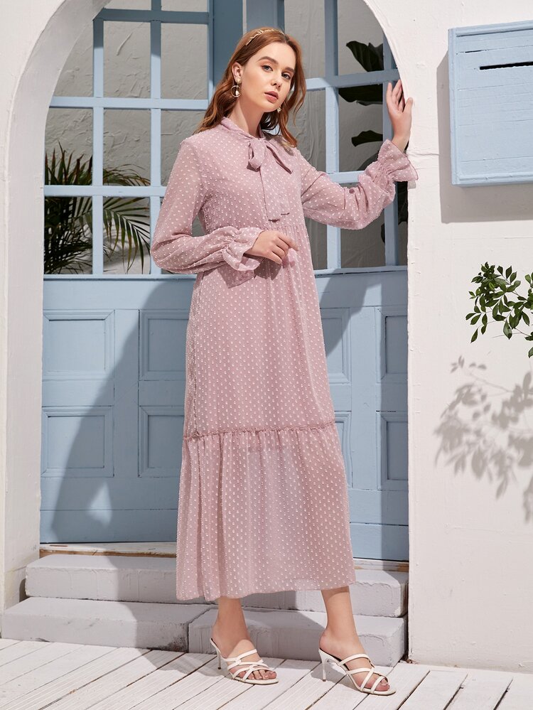 Tie Neck Swiss Dot Flounce Sleeve Dress - Dusty Pink - View 3